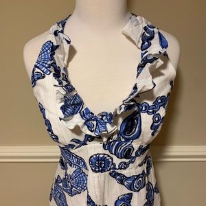 Lilly Pulitzer, backless ruffle maxi dress w/ sea shell nautical pattern, size 4